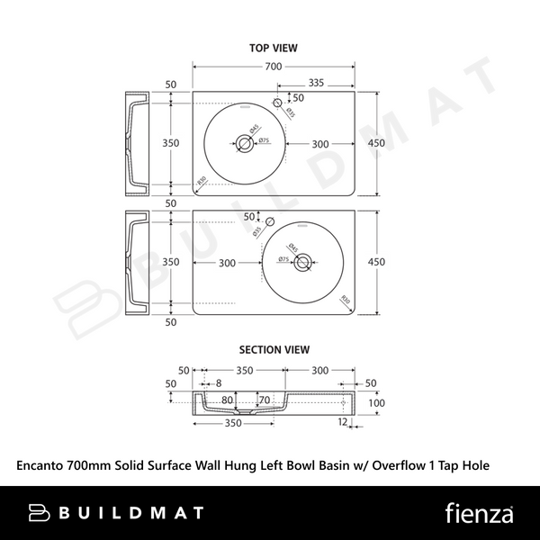 Fienza Encanto 700mm Solid Surface Wall Hung Left Bowl Basin with Overflow 1 Tap Hole Matte White