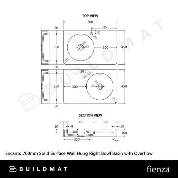 Fienza Encanto 700mm Solid Surface Wall Hung Right Bowl Basin with Overflow Matte White