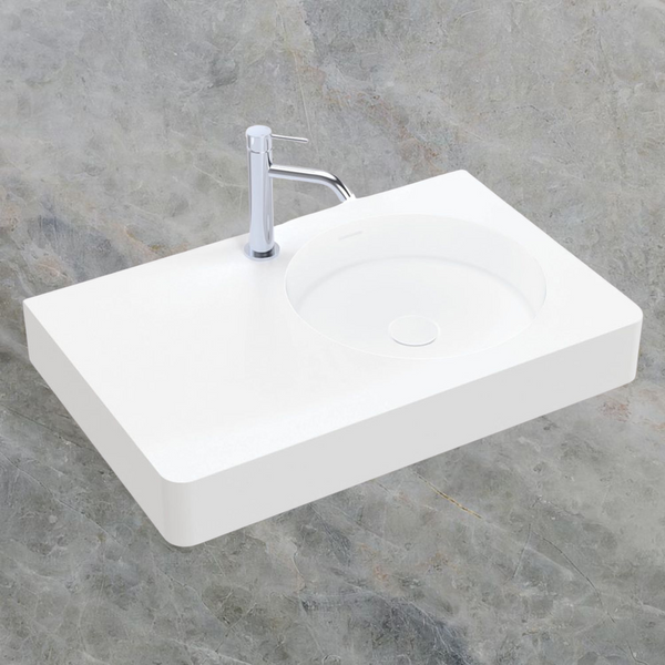 Fienza Encanto 700mm Solid Surface Wall Hung Right Bowl Basin with Overflow 1 Tap Hole Matte White