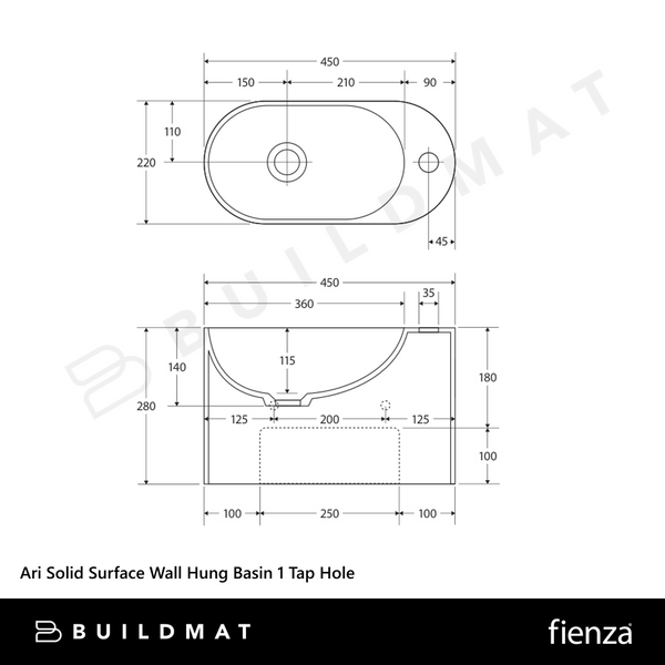 Fienza Ari Solid Surface Wall Hung Basin 1 Tap Hole Matte White