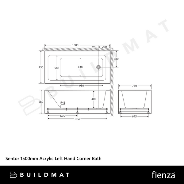Fienza Sentor 1500mm Acrylic Left Hand Corner Bath Gloss White