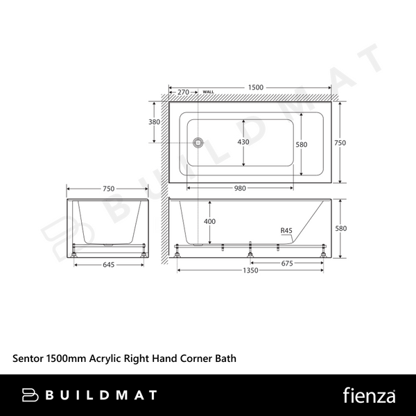 Fienza Sentor 1500mm Acrylic Right Hand Corner Bath Gloss White