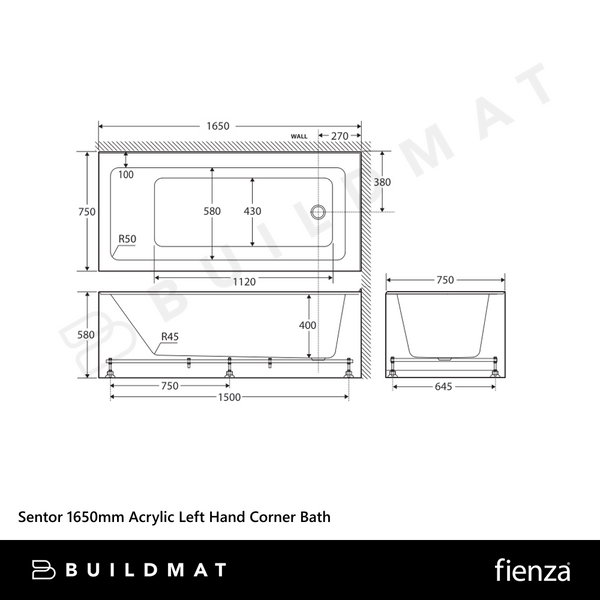 Fienza Sentor 1650mm Acrylic Left Hand Corner Bath Gloss White