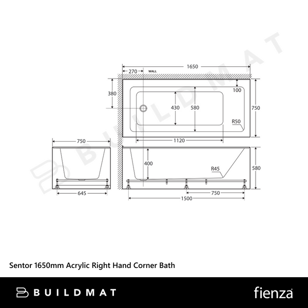 Fienza Sentor 1650mm Acrylic Right Hand Corner Bath Gloss White