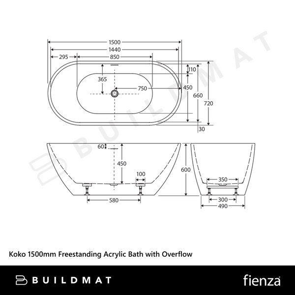 Fienza Koko 1500mm Freestanding Acrylic Bath with Overflow Gloss White