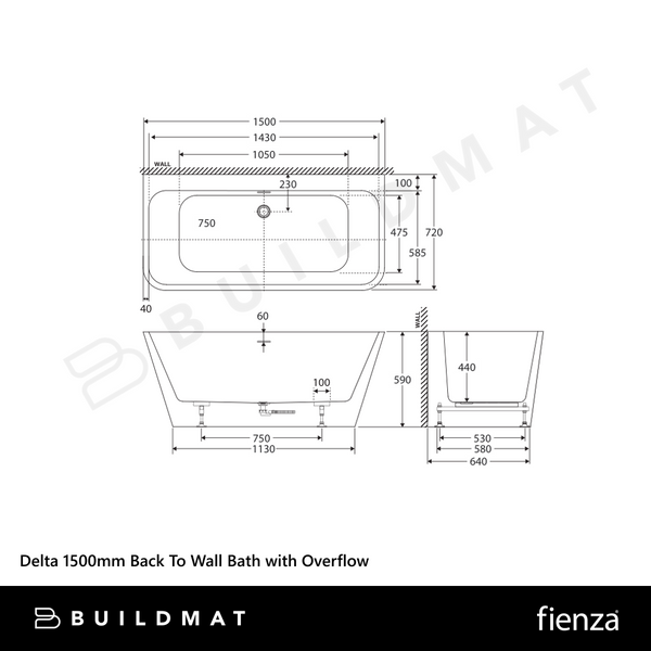 Fienza Delta 1500mm Back To Wall Bath with Overflow Gloss White