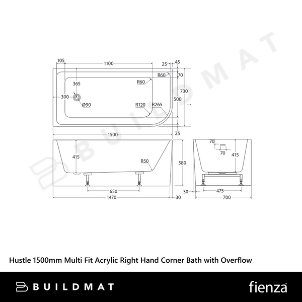 Fienza Hustle 1500mm Multi Fit Acrylic Right Hand Corner Bath with Overflow Gloss White