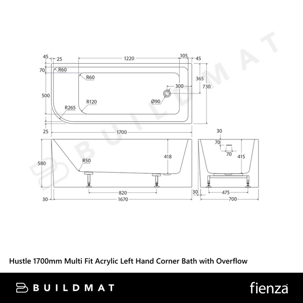 Fienza Hustle 1700mm Multi Fit Acrylic Left Hand Corner Bath with Overflow Gloss White