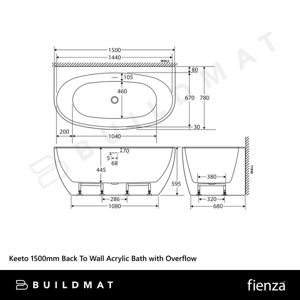 Fienza Keeto 1500mm Back To Wall Acrylic Bath with Overflow Gloss White