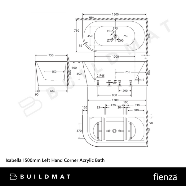 Fienza Isabella 1500mm Left Hand Corner Acrylic Bath Matte White