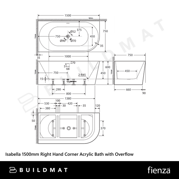 Fienza Isabella Right Hand Acrylic Corner Bath 1500mm with Overflow Matte White
