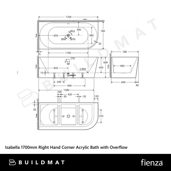 Fienza Isabella 1700mm Right Hand Corner Acrylic Bath with Overflow Matte White