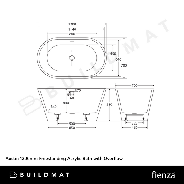 Fienza Austin 1200mm Freestanding Acrylic Bath with Overflow Gloss White