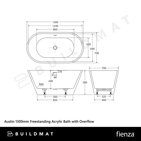 Fienza Austin 1300mm Freestanding Acrylic Bath with Overflow Gloss White