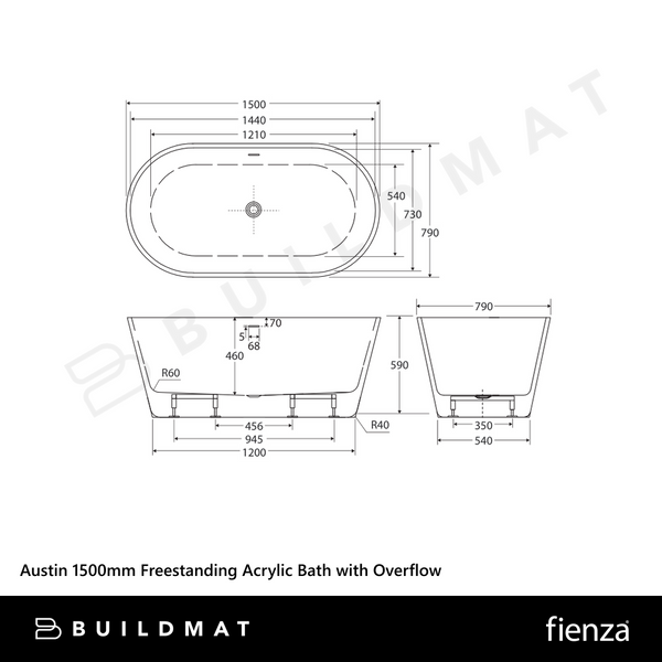 Fienza Austin 1500mm Freestanding Acrylic Bath with Overflow Gloss White