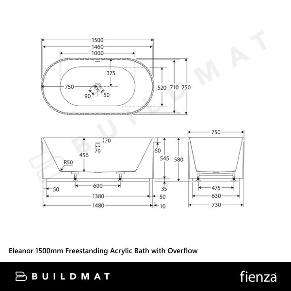 Fienza Eleanor 1500mm Freestanding Acrylic Bath with Overflow Gloss White