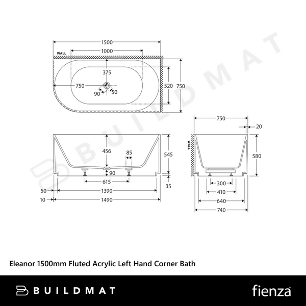 Fienza Eleanor 1500mm Fluted Acrylic Left Hand Corner Bath Gloss White