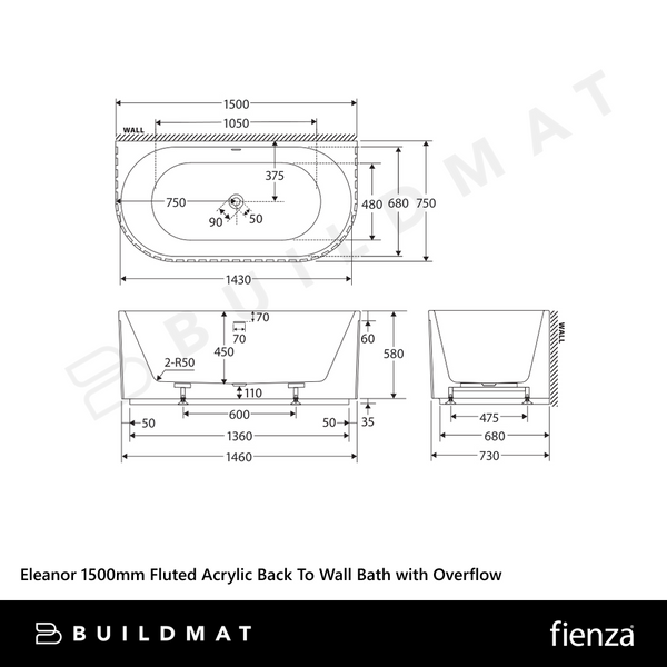 Fienza Eleanor 1500mm Fluted Acrylic Back To Wall Bath with Overflow Gloss White