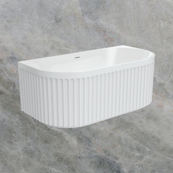 Fienza Eleanor 1500mm Fluted Acrylic Back To Wall Bath with Overflow Gloss White