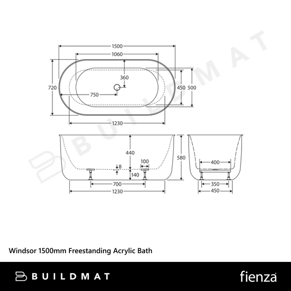 Fienza Windsor 1500mm Freestanding Acrylic Bath Gloss White