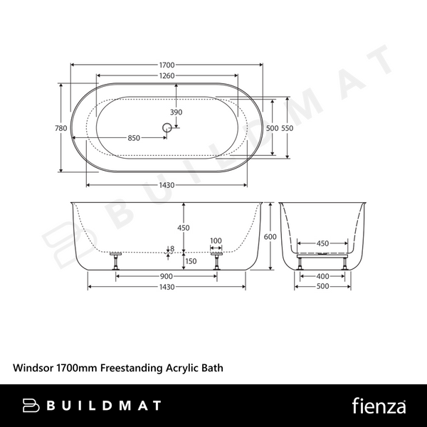Fienza Windsor 1700mm Freestanding Acrylic Bath Gloss White