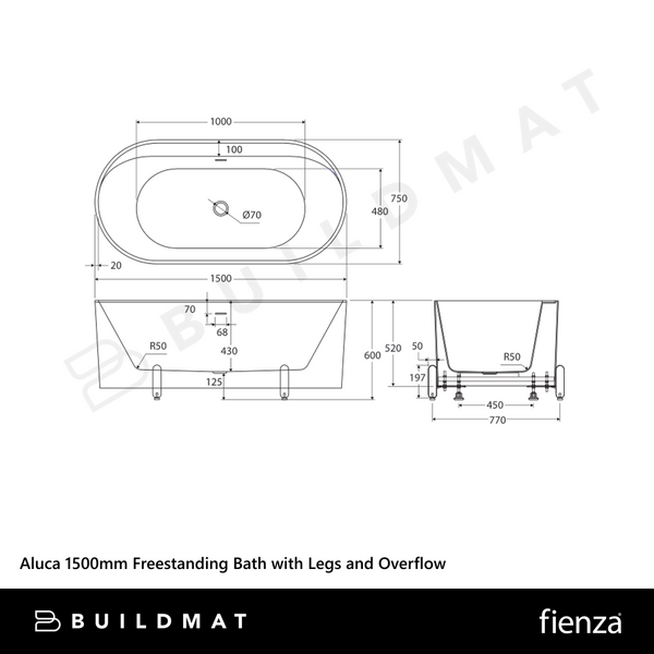 Fienza Aluca Freestanding Bath with Overflow 1500mm Matte Olive