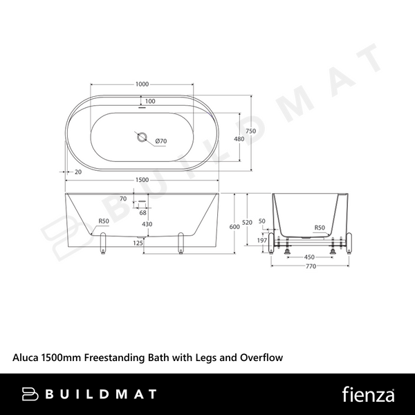 Fienza Aluca Freestanding Bath with Overflow 1500mm Matte Rouge
