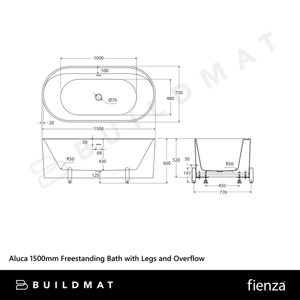 Fienza Aluca Freestanding Bath with Overflow 1500mm Matte White