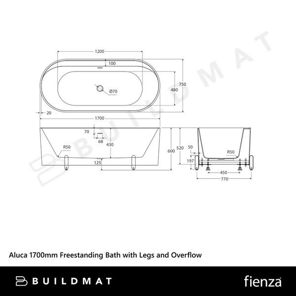 Fienza Aluca Freestanding Bath with Overflow 1700mm Matte Olive