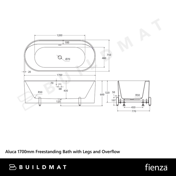 Fienza Aluca Freestanding Bath with Overflow 1700mm Matte White