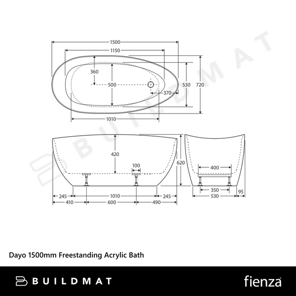Fienza Dayo 1500mm Freestanding Acrylic Bath Gloss White