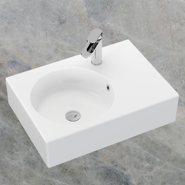 Fienza Reba Wall Hung Left Bowl Basin with Overflow 1 Tap Hole Gloss White