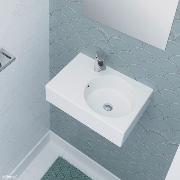 Fienza Reba Wall Hung Right Bowl Basin with Overflow 1 Tap Hole Gloss White