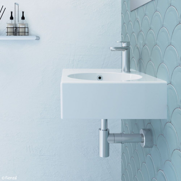 Fienza Reba Wall Hung Right Bowl Basin with Overflow 1 Tap Hole Gloss White