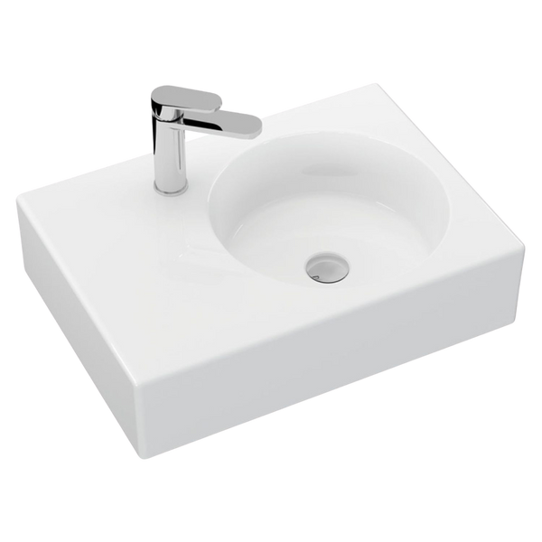 Fienza Reba Wall Hung Right Bowl Basin with Overflow 1 Tap Hole Gloss White