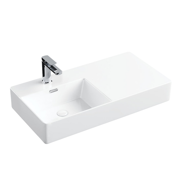 Fienza Petra 800mm Wall Hung Left Bowl Basin with Overflow 1 Tap Hole Gloss White