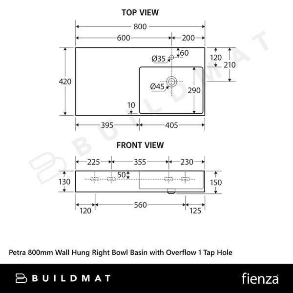Fienza Petra 800mm Wall Hung Right Bowl Basin with Overflow 1 Tap Hole Gloss White