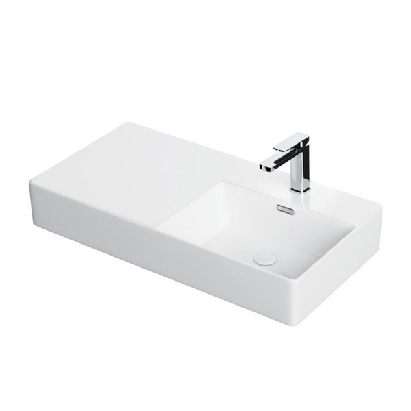 Fienza Petra 800mm Wall Hung Right Bowl Basin with Overflow 1 Tap Hole Gloss White