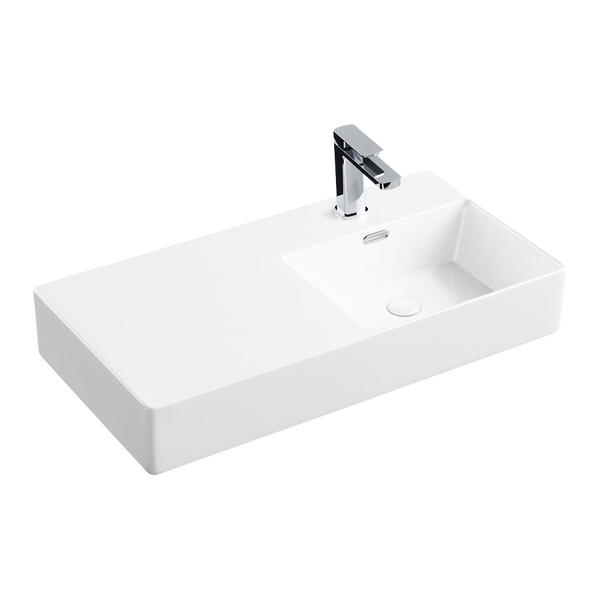 Fienza Petra 800mm Wall Hung Right Bowl Basin with Overflow 1 Tap Hole Gloss White