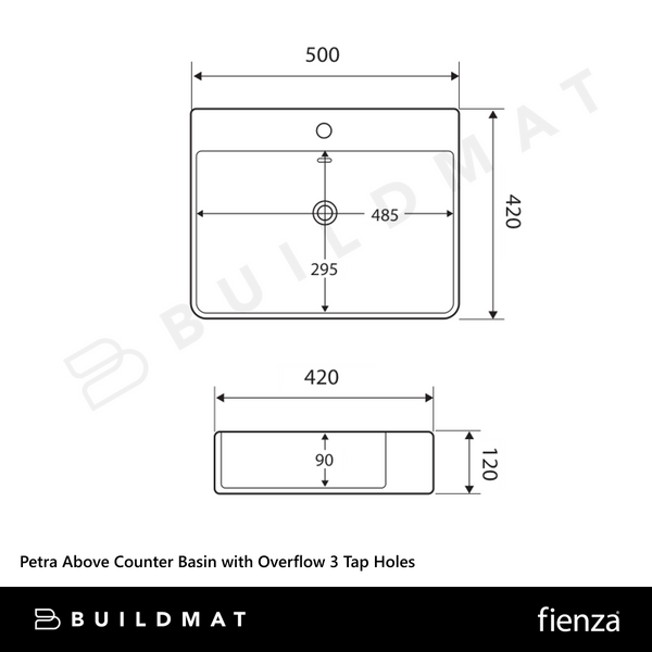 Fienza Petra Above Counter Basin with Overflow 3 Tap Holes Matte Black