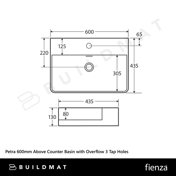 Fienza Petra 600mm Above Counter Basin with Overflow 3 Tap Holes Gloss White