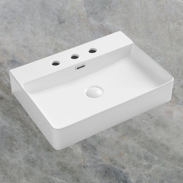 Fienza Petra 600mm Above Counter Basin with Overflow 3 Tap Holes Gloss White