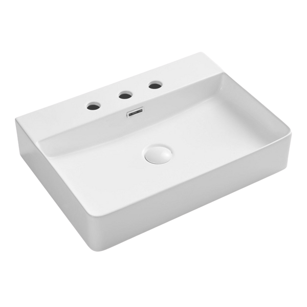 Fienza Petra 600mm Above Counter Basin with Overflow 3 Tap Holes Gloss White