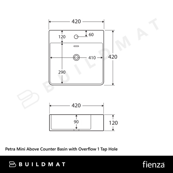 Fienza Petra Mini Above Counter Basin with Overflow 1 Tap Hole Gloss White