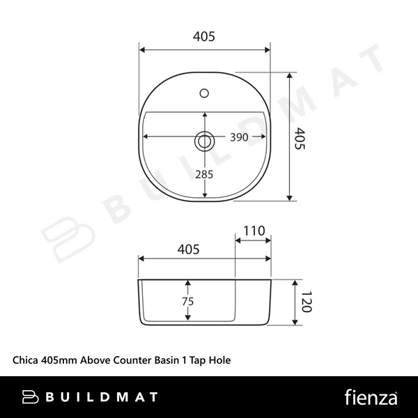Fienza Chica 405mm Above Counter Basin 1 Tap Hole Gloss White
