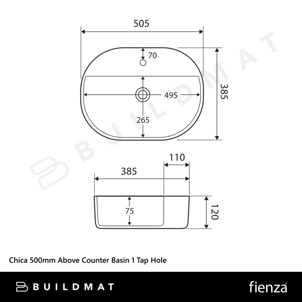 Fienza Chica 500mm Above Counter Basin 1 Tap Hole Gloss White