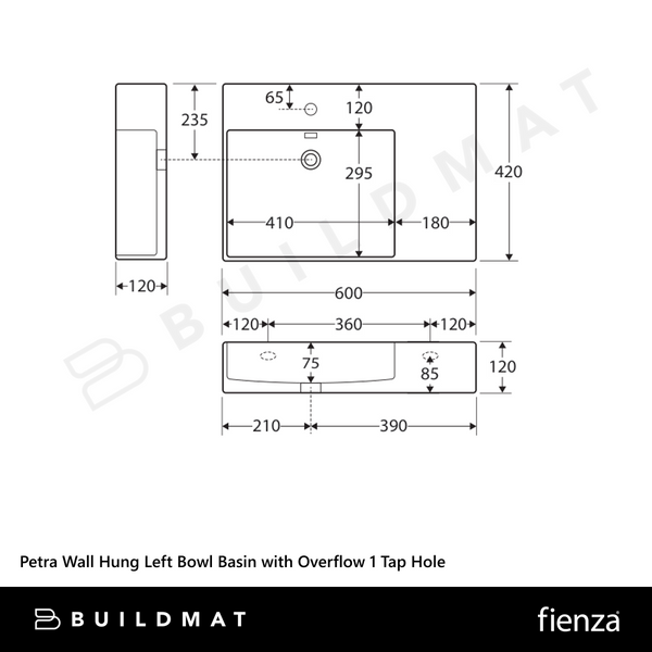 Fienza Petra Wall Hung Left Bowl Basin with Overflow 1 Tap Hole Gloss White