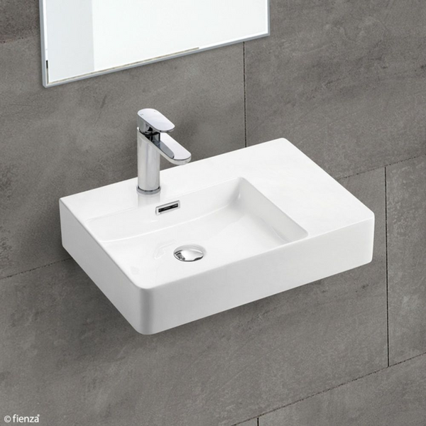 Fienza Petra Wall Hung Left Bowl Basin with Overflow 1 Tap Hole Gloss White