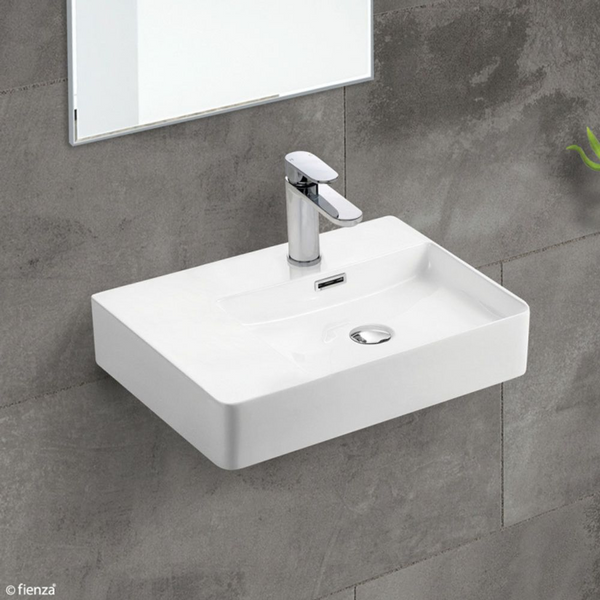 Fienza Petra Wall Hung Right Bowl Basin with Overflow 1 Tap Hole Gloss White