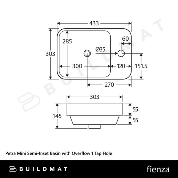 Fienza Petra Mini Semi-Inset Basin with Overflow 1 Tap Hole Gloss White